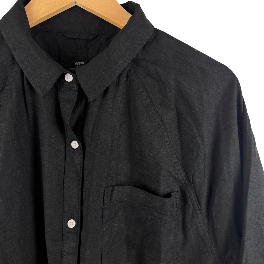 Aerie Button Down Shirt Womens Small Black Linen Blend Oversized Raglan 3402